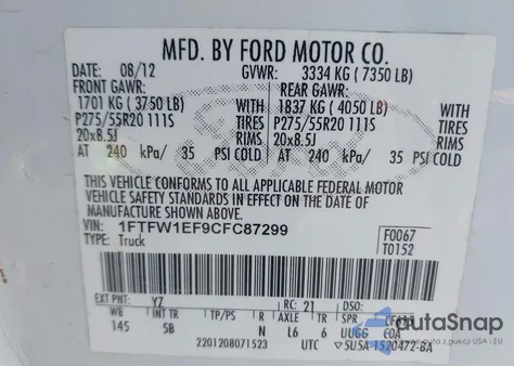 2012 Ford F-150 Fx4 z USA, uszkodzony, nr VIN 1FTFW1EF9CFC87299